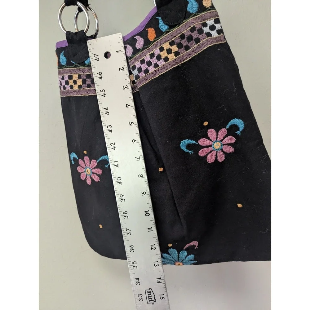Black Floral Embroidered Cotton Tote‎ India Boho Hippie Shoulder Bag